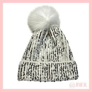 Adrienne Landau Sequin Beanie with Fox Fur Pom in White